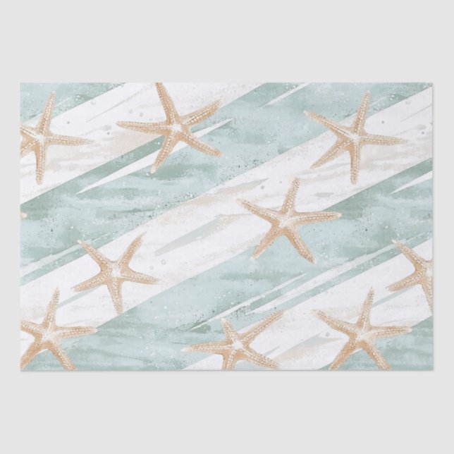 Beach Aqua Mint Starfish Stripes Birthday Tissue Paper (Front)