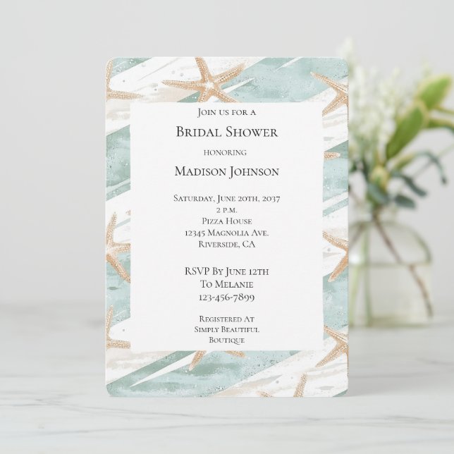 Beach Aqua Mint Starfish Stripes Bridal Shower Invitation (Standing Front)