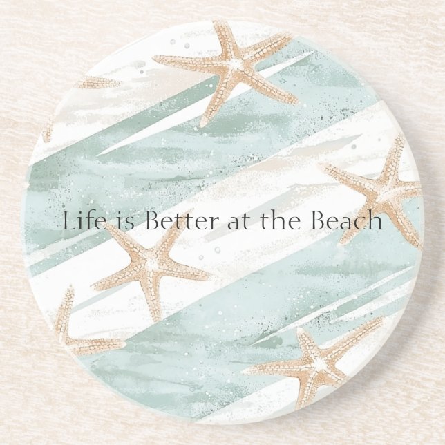 Beach Aqua Mint Starfish Stripes   Coaster (Front)