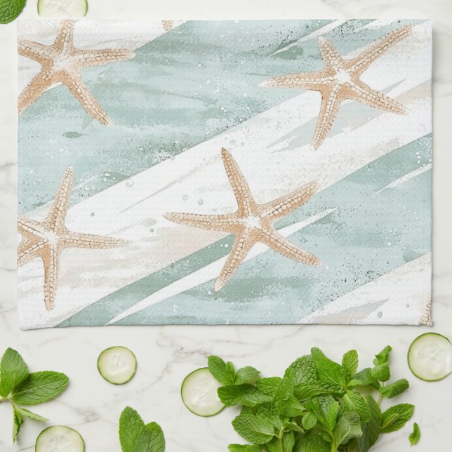 Beach Aqua Mint Starfish Stripes   Tea Towel (Folded)