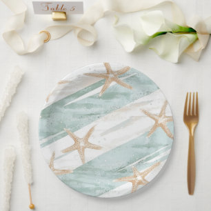 Beach Aqua Mint Starfish Stripes Wedding Paper Plate