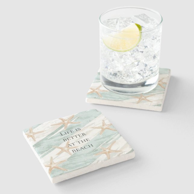 Beach Aqua Mint Starfish Stripes Wedding Stone Coaster (Side)