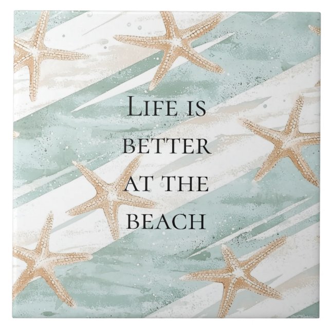 Beach Aqua Mint Starfish Stripes Wedding Tile (Front)