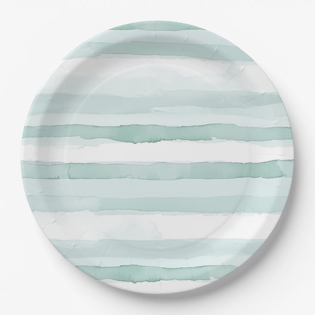Beach Aqua Mint Stripes Birthday Paper Plate (Front)