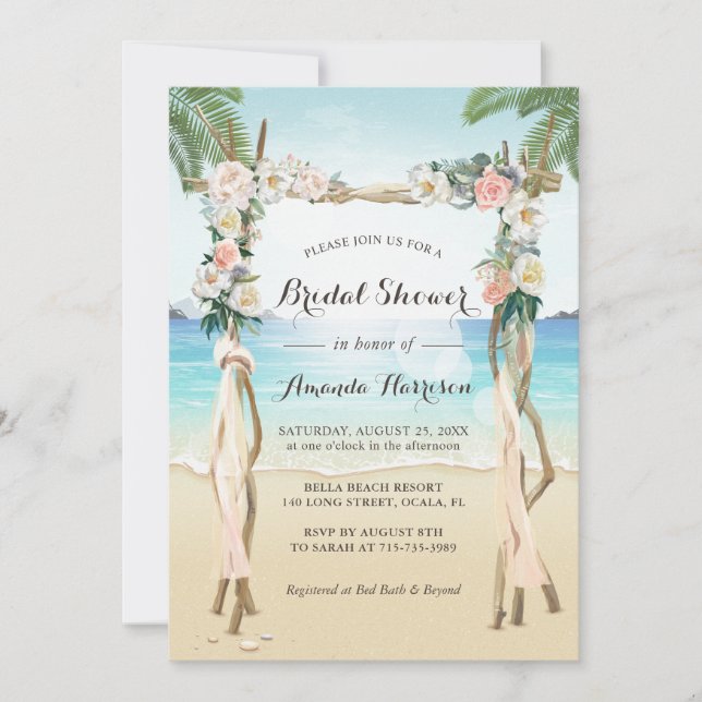 Beach Arbor Arch Floral Tropical Bridal Shower Invitation (Front)