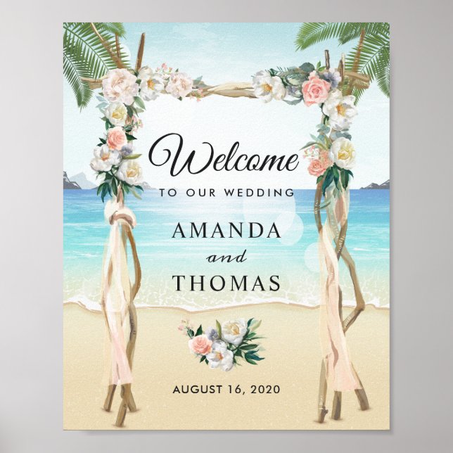 Beach Arbor Floral Tropical Wedding Arch Sign (Front)