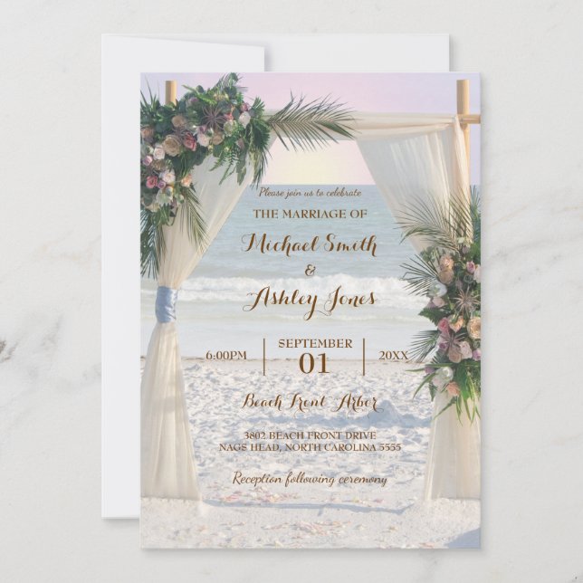 Beach Arbor Rose Tropical Leaves Sunset Wedding In Invitation (Front)