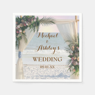Beach Arbor Rose Tropical Leaves Sunset Wedding Napkin