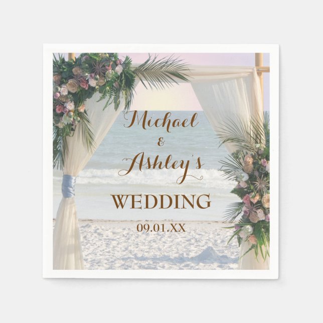 Beach Arbor Rose Tropical Leaves Sunset Wedding Napkin (Front)
