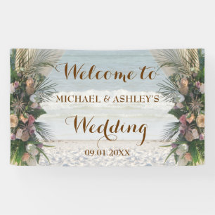 Beach Arbor Rose Tropical Sunset Wedding Backdrop Banner