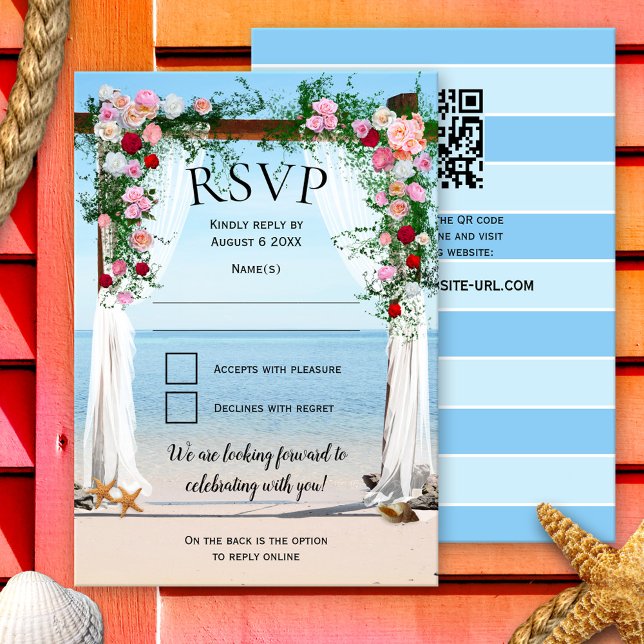 Beach Arbor with Roses Wedding RSVP Invitation (Elegant beach or destination wedding RSVP invitation card with an arbor with roses on the beach)