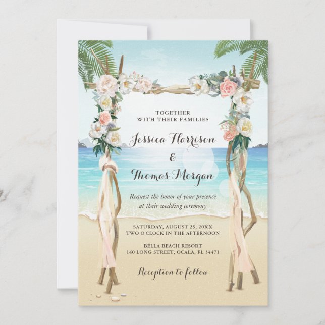 Beach Arbor Wood Arch Floral Tropical Wedding Invitation (Front)