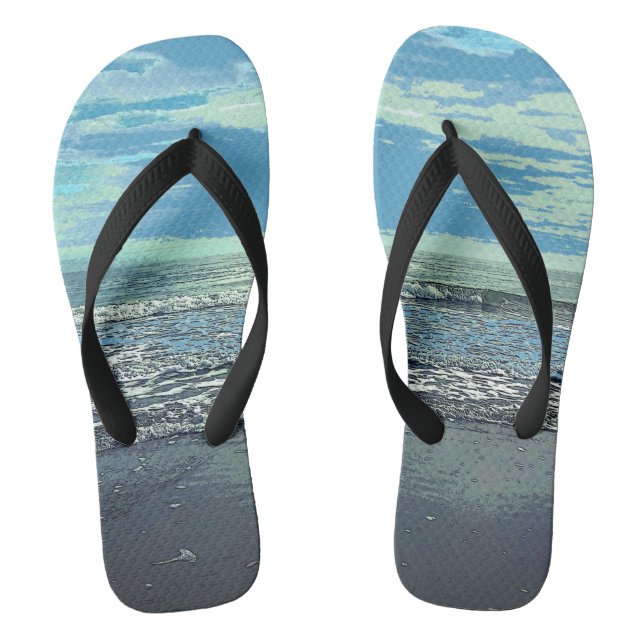 Beach Art Abstract Ocean Sea Blue Grey Teal Cool Flip Flops (Footbed)