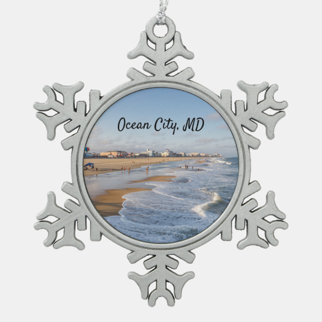 Beach at Ocean City, Maryland Snowflake Pewter Christmas Ornament (Front)