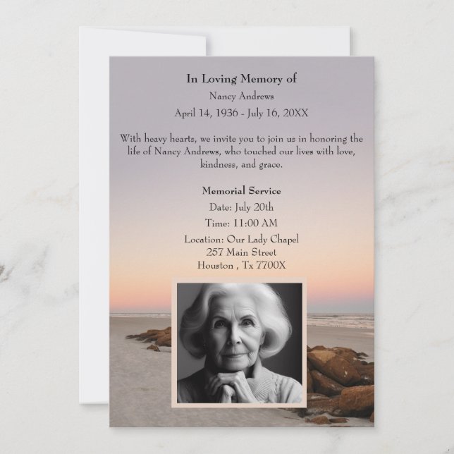 Beach at Sunset In Loving Memory Funeral Memorial  Invitation (Front)