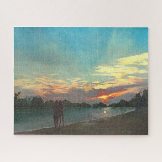 Beach at Sunset With Couple Walking Oil Painting Jigsaw Puzzle (Horizontal)