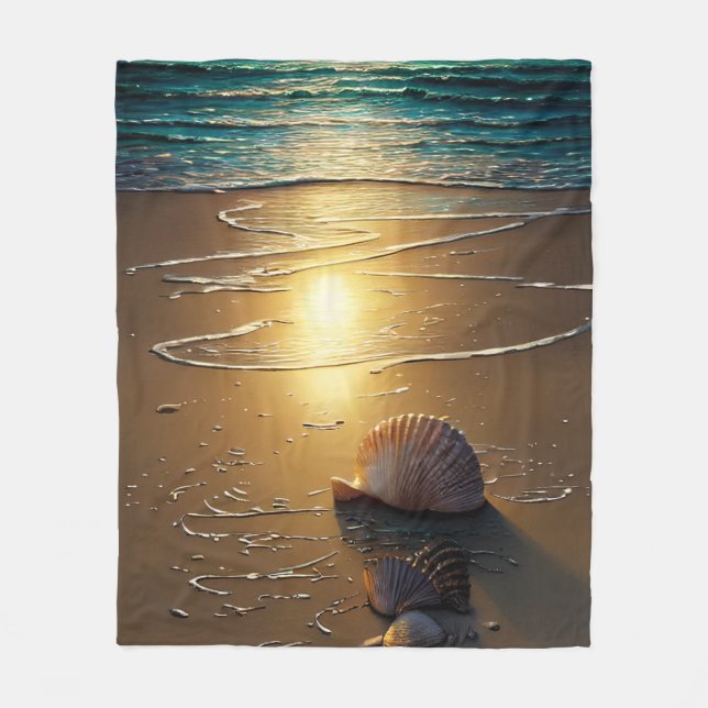 Beach at Sunset with Shells Fleece Blanket (Front)