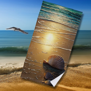 Beach at Sunset with Shells on Sand   Beach Towel