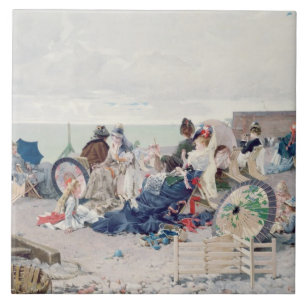 Beach at Yport, 1878 (oil on canvas) Tile