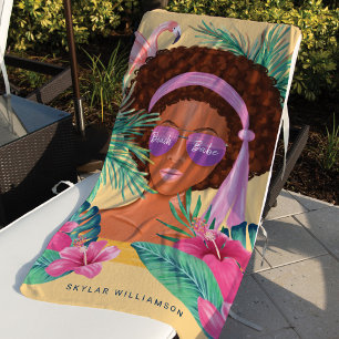 Beach Babe African Beauty Tropical Palm & Flamingo Towel