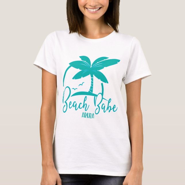 Beach Babe Palm Tree Aruba Teal & Blue Souvenir T-Shirt (Front)