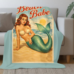 Beach Babe Pin-Up Mermaid Art   Retro Coastal Teal Fleece Blanket
