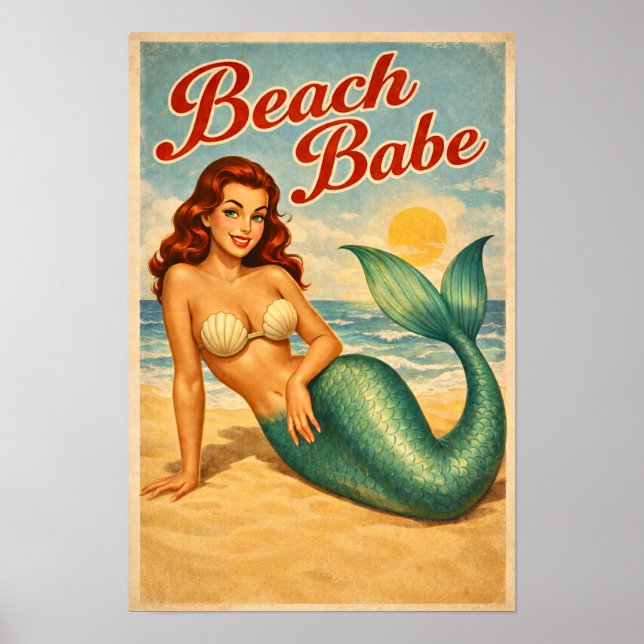 Beach Babe Pin-Up Mermaid - Retro Coastal Life Art Poster (Front)