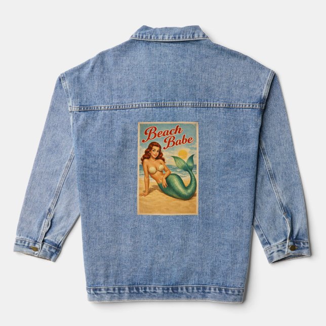 Beach Babe Pin-Up Mermaid Retro Coastal Life Jean Denim Jacket (Back)