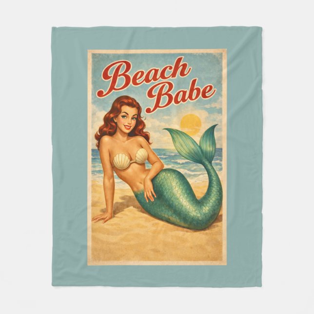 Beach Babe Pin-Up Mermaid -Retro Coastal Life Teal Fleece Blanket (Front)