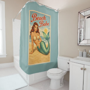 Beach Babe Pin-Up Mermaid -Retro Coastal Teal Blue Shower Curtain
