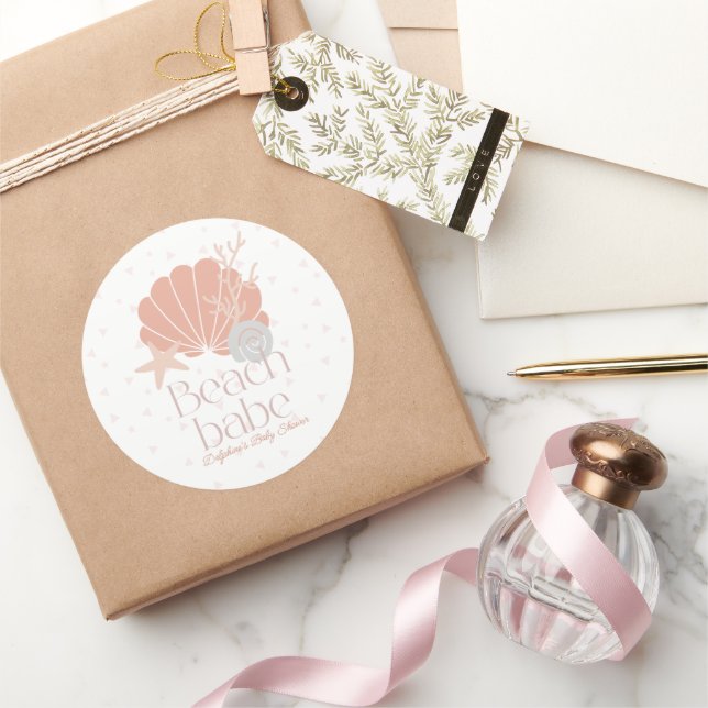 Beach Babe Seashell Pink Girl Baby Shower Classic Round Sticker (Gifting)