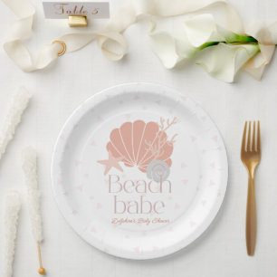 Beach Babe Seashell Pink Girl Baby Shower Paper Plate