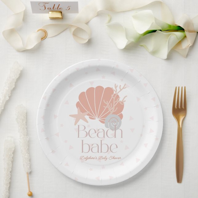 Beach Babe Seashell Pink Girl Baby Shower Paper Plate (Wedding)
