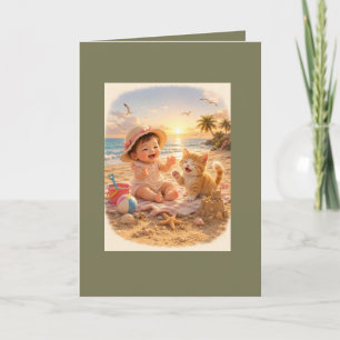 Beach Baby and Kitten Sandcastle Joy Card