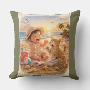 Beach Baby and Kitten Sandcastle Joy Cushion