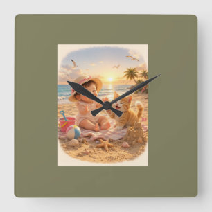 Beach Baby and Kitten Sandcastle Joy Square Wall Clock