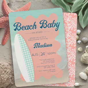 Beach Baby on Board Coral Mint Gingham Baby Shower Invitation