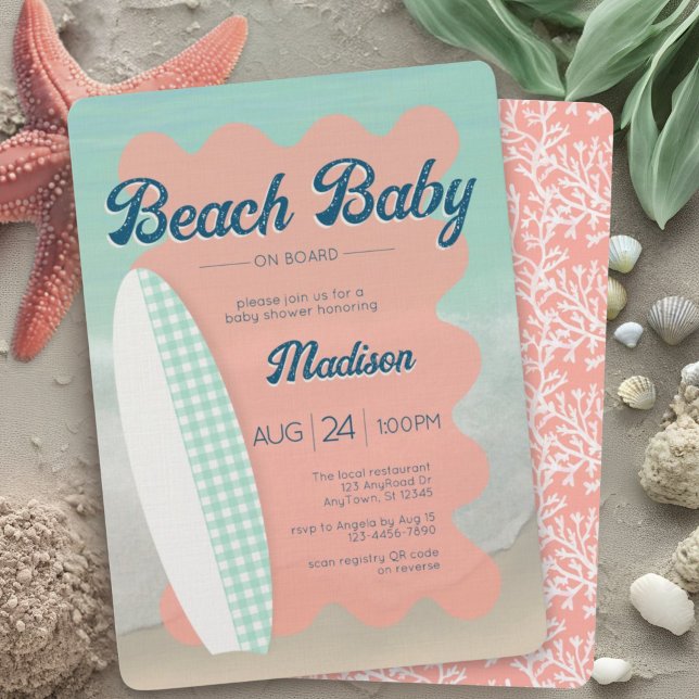 Beach Baby on Board Coral Mint Gingham Baby Shower Invitation (Creator Uploaded)