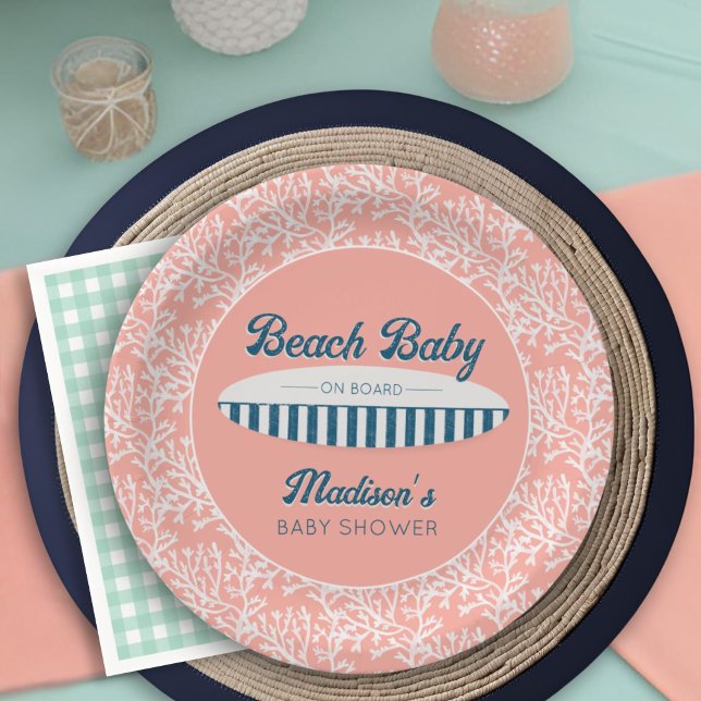 Beach Baby on Board Coral Surfboard Baby Shower Paper Plate (Creator Uploaded)