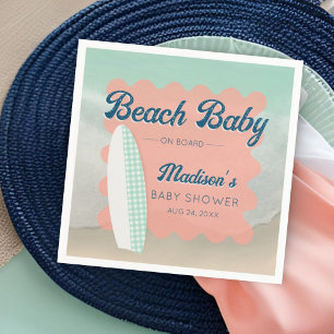 Beach Baby on Board Gingham Surfboard Baby Shower Napkin
