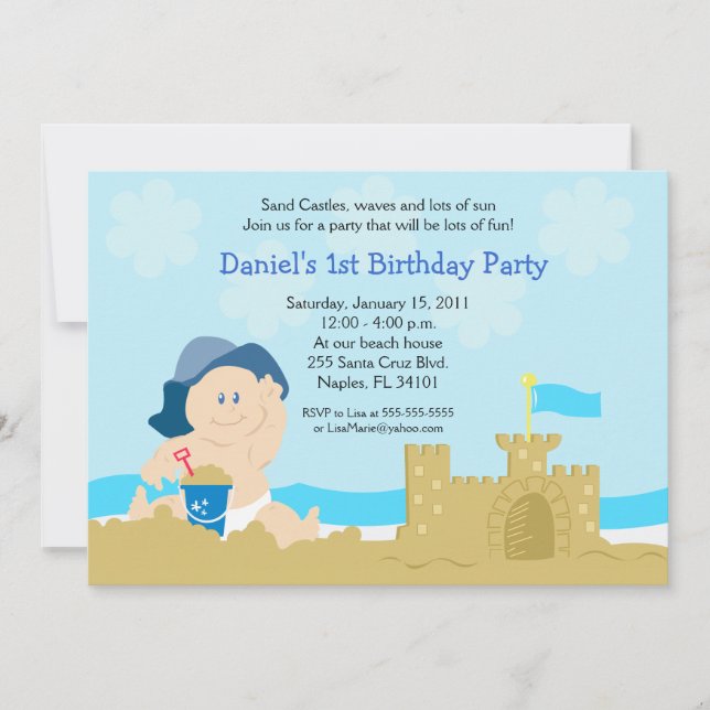 Beach Baby Sand Castle Boy Birthday Party 5x7 Invitation (Front)