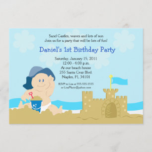 Beach Baby Sand Castle Boy Birthday Party 5x7 Invitation
