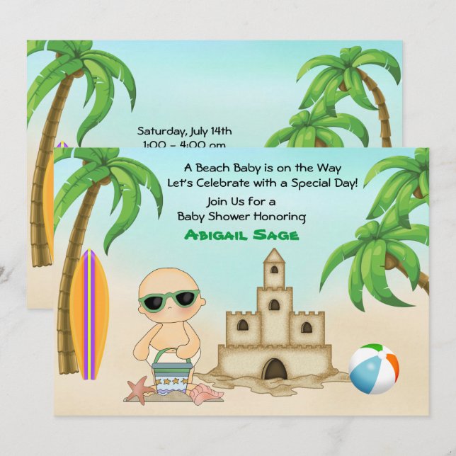 Beach Baby Sandcastle and Surfboard Baby Shower Invitation (Front/Back)