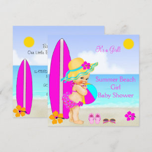 Beach Baby Shower Girl Pink Teal Blue Sunhat Invitation