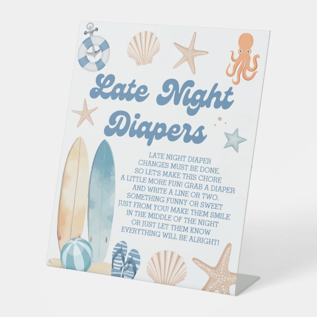 Beach Baby Shower Late Night Diapers Game Pedestal Sign (Front)