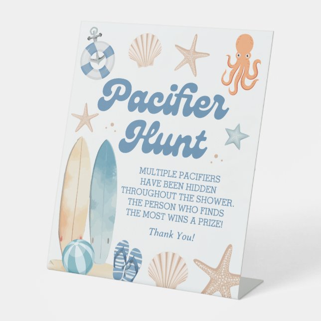 Beach Baby Shower Pacifier Hunt Game Pedestal Sign (Front)