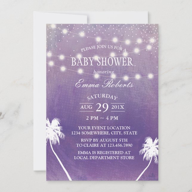 Beach Baby Shower Palm Tree Purple Watercolor Invitation (Front)
