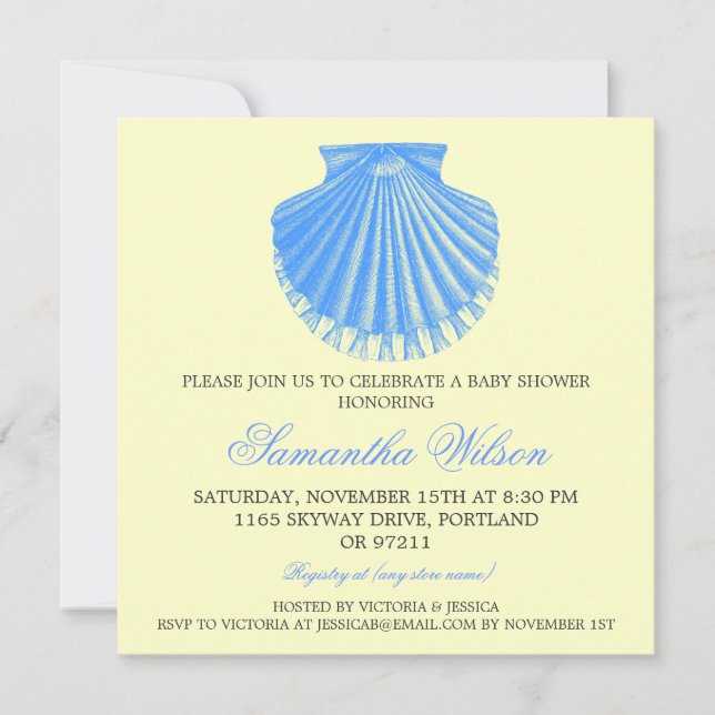 Beach Baby Shower Vintage Scallop Shell Blue Invitation (Front)