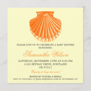 Beach Baby Shower Vintage Scallop Shell Orange Invitation