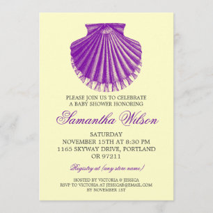 Beach Baby Shower Vintage Scallop Shell Purple Invitation